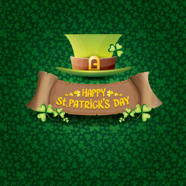 Saint patricks day retro banners with hat and green leaves pattern vector 16