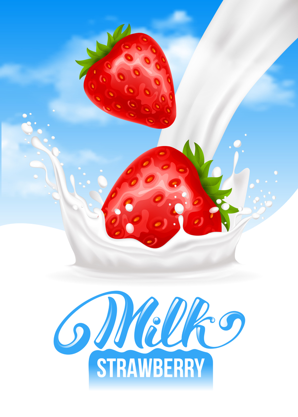 Splash milk with strawberry background vector 03
