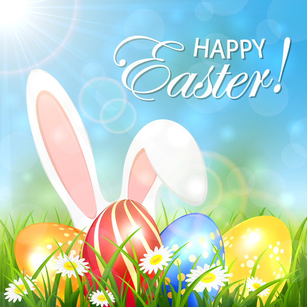 Spring background with colored Easter eggs and rabbit vector