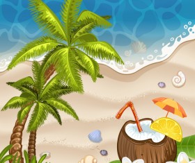 Summer beach with sea background and coconut trees vector 01
