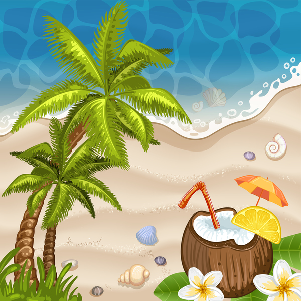 Summer beach with sea background and coconut trees vector 01