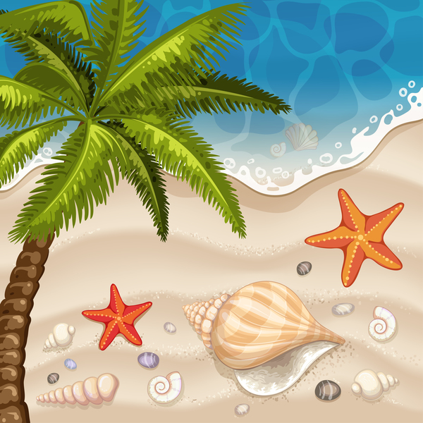 Summer beach with sea background and coconut trees vector 02