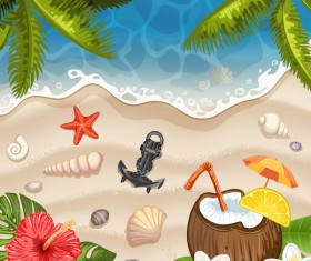 Summer beach with sea background and coconut trees vector 04