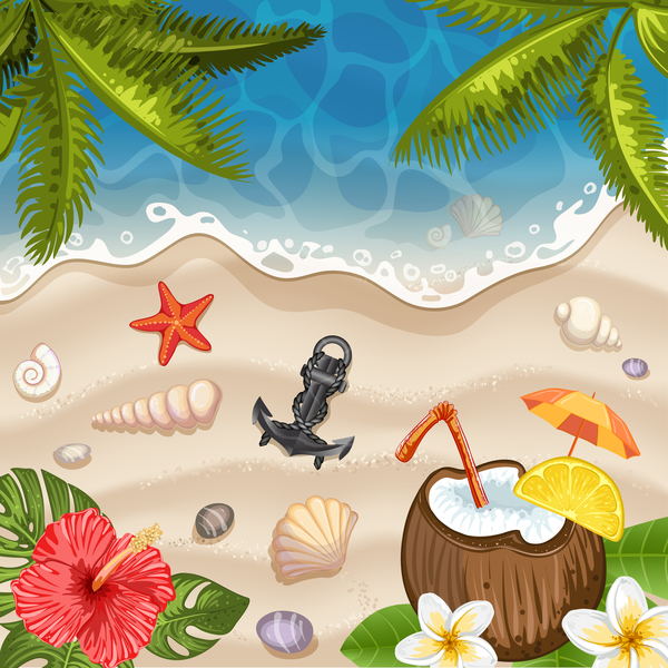 Summer beach with sea background and coconut trees vector 04