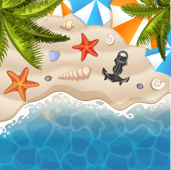 Summer beach with sea background and coconut trees vector 07