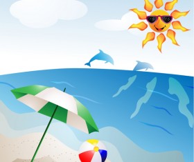 Summer travel background with beach and cartoon sun vector 01