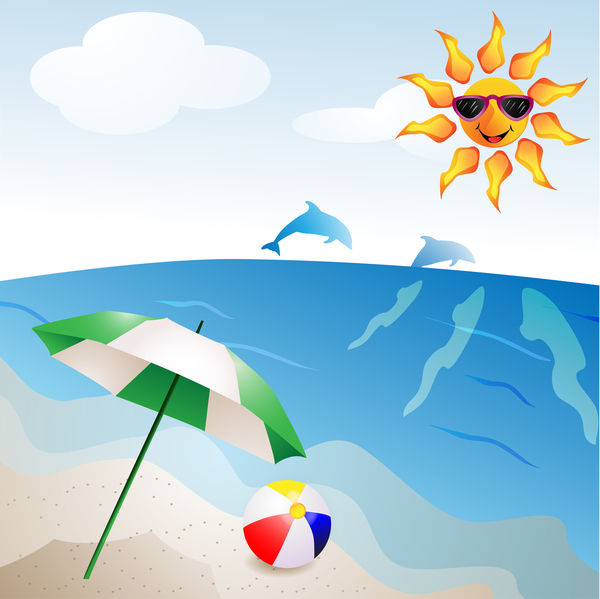 Summer travel background with beach and cartoon sun vector 01