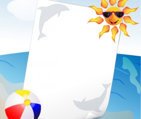 Summer travel background with beach and cartoon sun vector 02