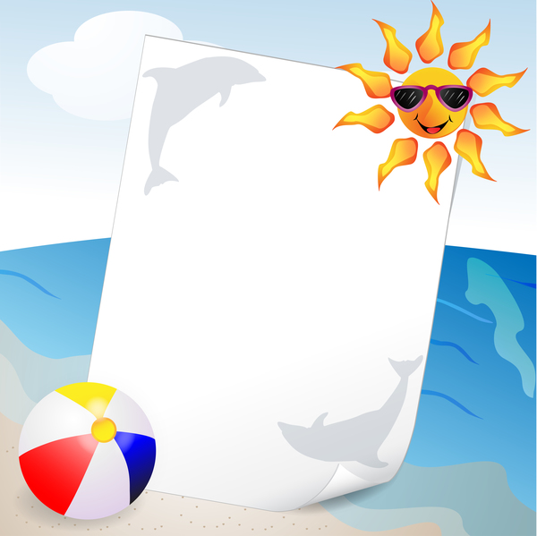 Summer travel background with beach and cartoon sun vector 02