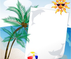 Summer travel background with beach and cartoon sun vector 03