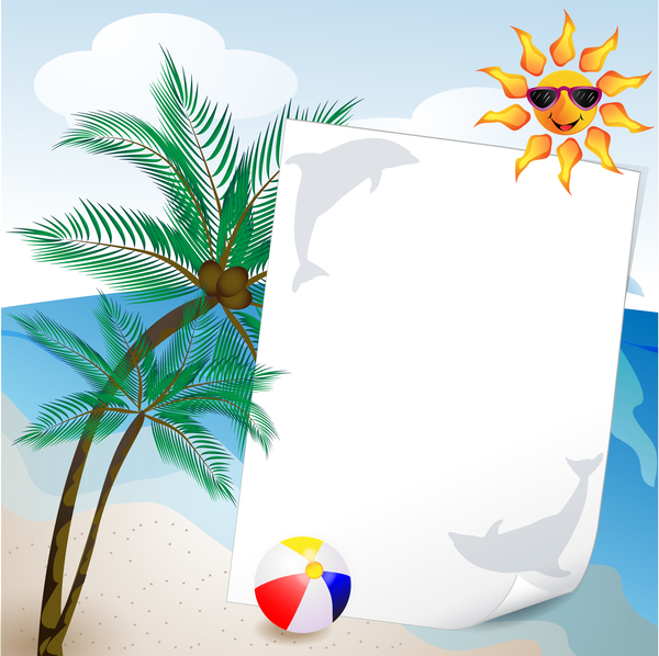 Summer travel background with beach and cartoon sun vector 03