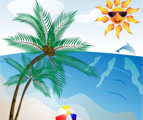 Summer travel background with beach and cartoon sun vector 04