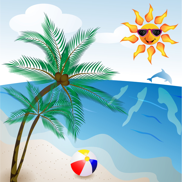 Summer travel background with beach and cartoon sun vector 04