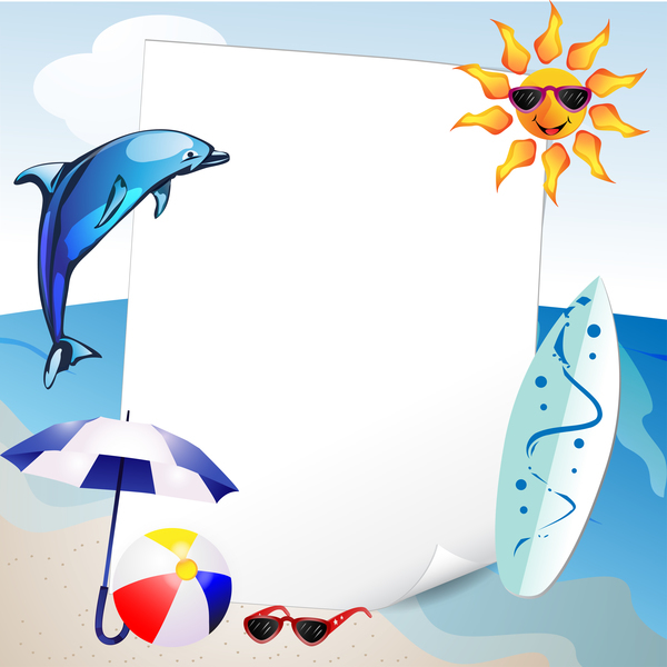 Summer travel background with beach and cartoon sun vector 05