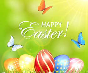 Sunny background with Easter eggs in a grass and butterflies vector