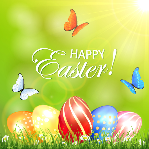 Sunny background with Easter eggs in a grass and butterflies vector