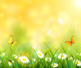 Sunny background with grass and flowers vector design