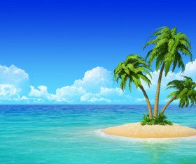 The coconut trees in the blue ocean Stock Photo