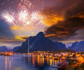 Town with fireworks Stock Photo