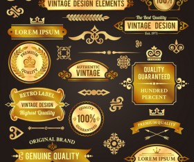 Vintage golden labels with badge and banners vector set