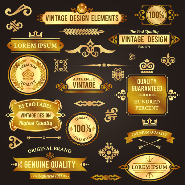 Vintage golden labels with badge and banners vector set