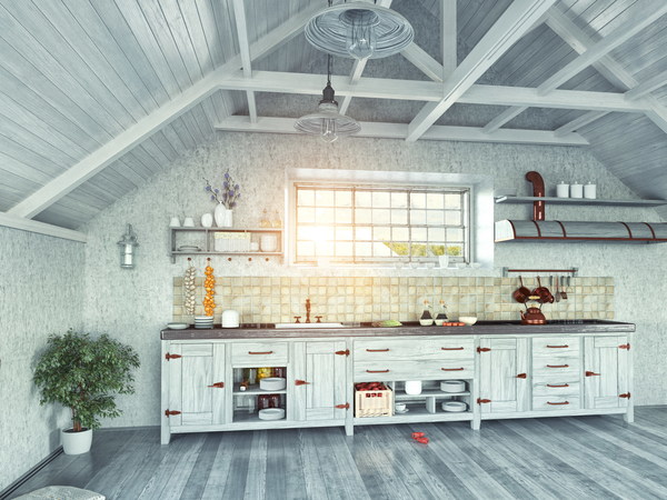 Wooden house with kitchen interior view Stock Photo