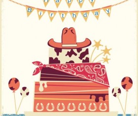 cowboy happy birthday card with cake and hat vector