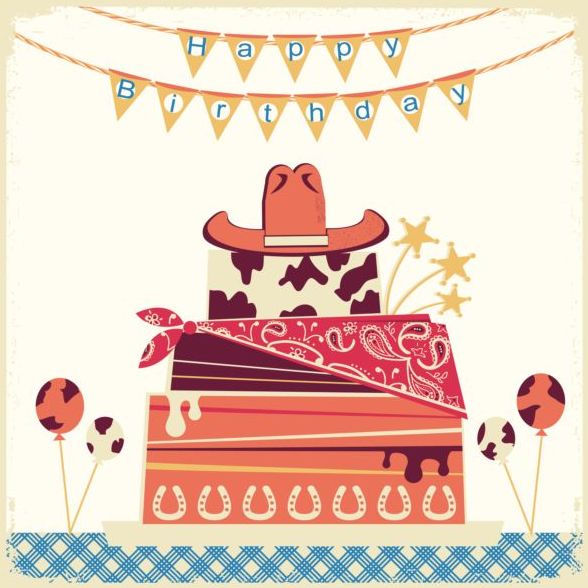 cowboy happy birthday card with cake and hat vector