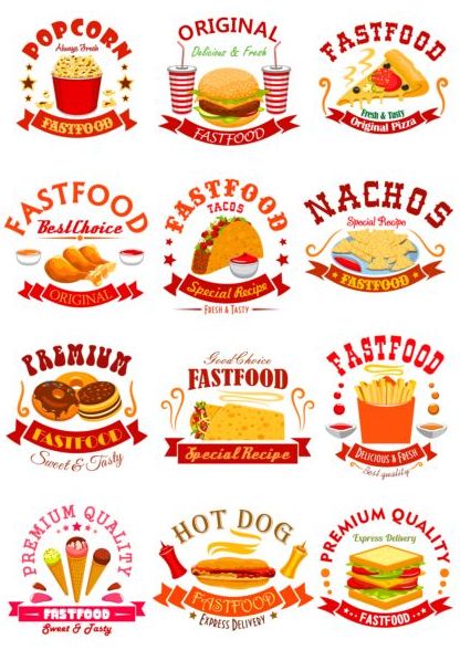 fast food labels design vector set 01