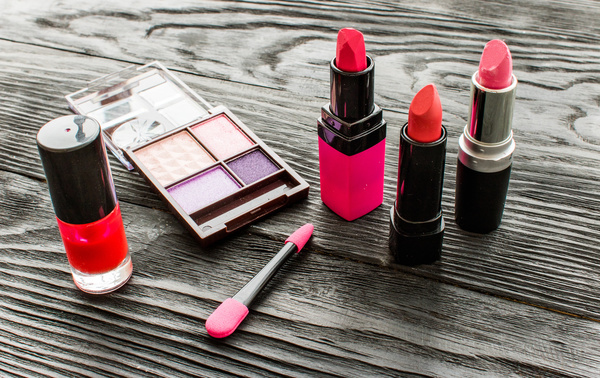 All kinds of lipstick and eye shadow box Stock Photo