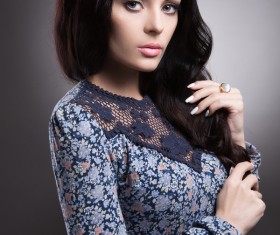 Black hair blue floral skirt beautiful woman HD picture 05