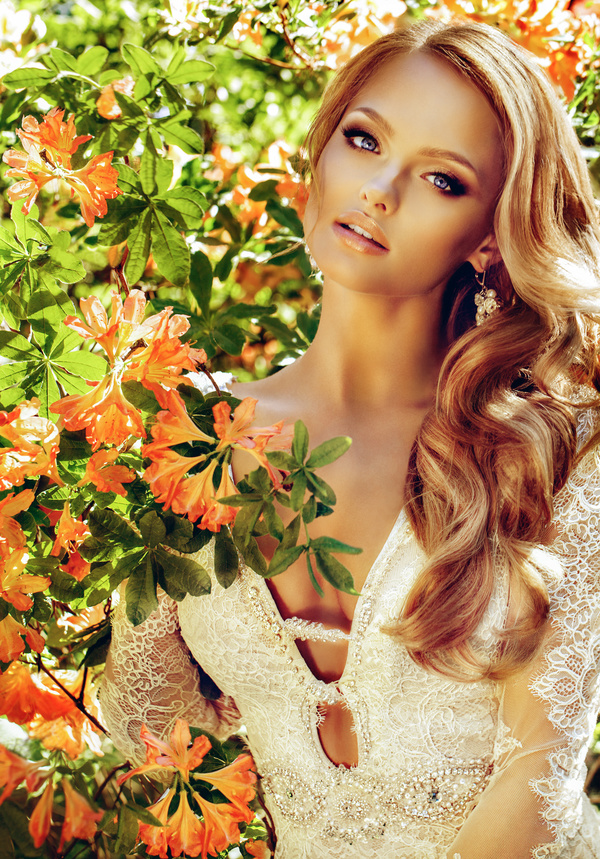 Blonde beautiful woman with flowers 02