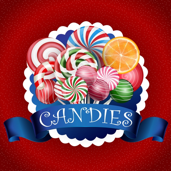 Blue ribbon with candies background vector 01