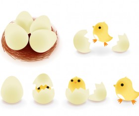 Broken eggs and cartoon chickens vector 01