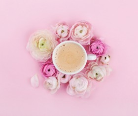 Coffee and pink background with flowers HD picture