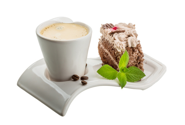 Coffee cups and chocolate cake Stock Photo