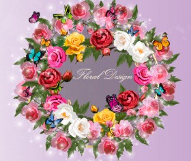 Colorful rose with butterflies wreath vector