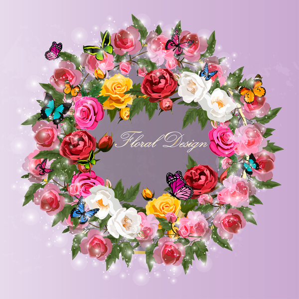 Colorful rose with butterflies wreath vector