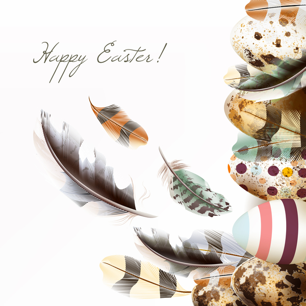 Easter background with bird nest eggs and feathers vector 02