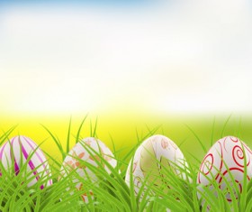 Easter postcard with decorated eggs and green grass vector 03