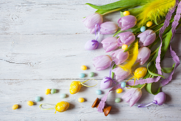 Easter wooden background with eggs, candy and flowers Stock Photo 03