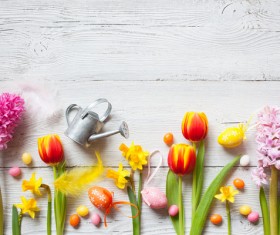 Easter wooden background with eggs, candy and flowers Stock Photo 07