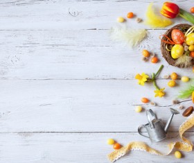 Easter wooden background with eggs, candy and flowers Stock Photo 14