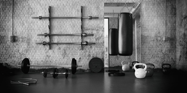 Fitness room black and white photo Stock Photo