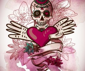 Flower skull with heart background vector 01