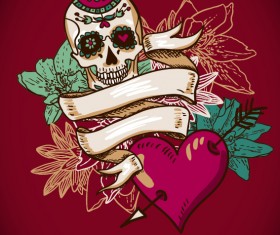 Flower skull with heart background vector 02