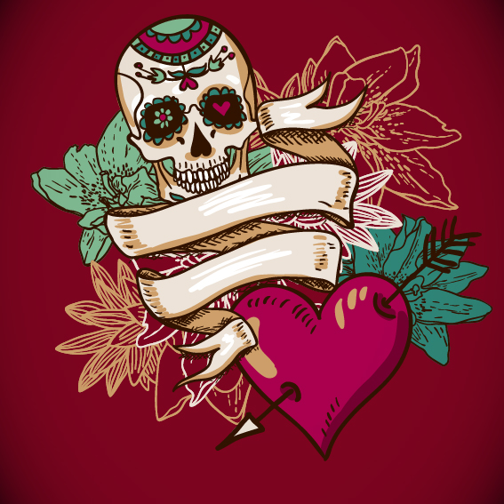 Flower skull with heart background vector 02
