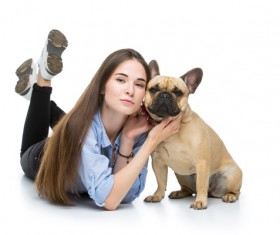 French bulldog and woman taking pictures Stock Photo