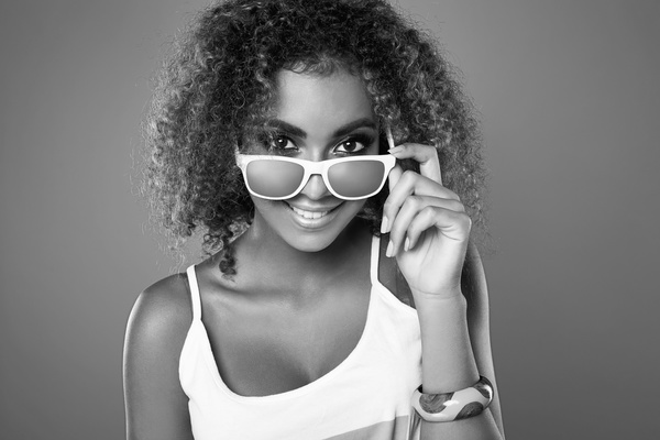 Girl with sunglasses black and white photo