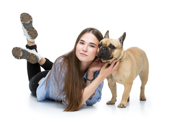 Girl with the French Bulldog Stock Photo 02